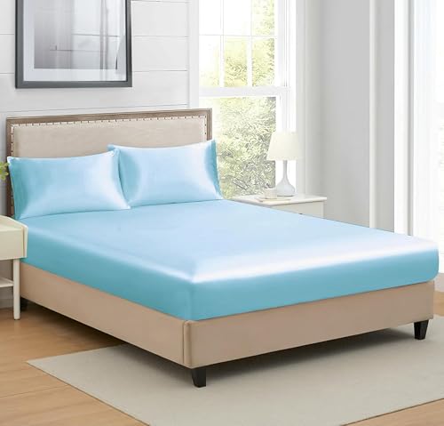 Image of RD TREND Satin Solid Fitted Bedsheets Queen Size 78x60x10 Inch, Elastic Bedsheets for Queen Size Bed with 2 Pillow Covers-18x28 Inch (Aqua), 400 TC