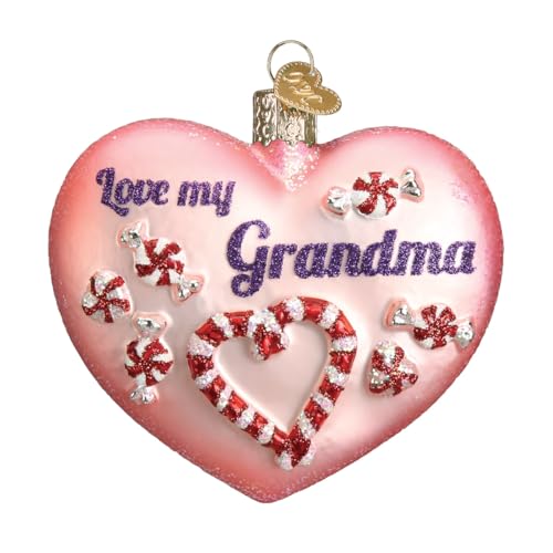blown glass heart ornament painted with glitter and a grandma motif