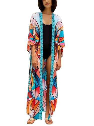 Image of Women's Kimono Cover Up Long Beach Dress Swimsuit Cover Ups Colorful Cardigan Lightweight Robe for Swimwear