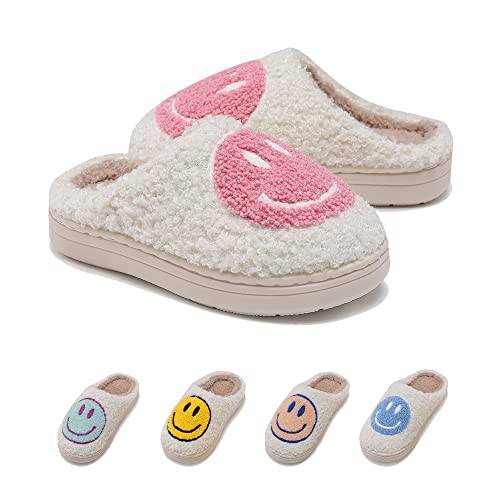 Covs Cute Kids Smile Face Slippers For Girls Boys Soft Plush Happy Face Slippers Non-Slip Toddler Warm House Slippers Little Kids Smile Slippers Indoor Outdoor（Pink 20/21） #TOP2