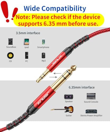 Image of JSAUX 3.5mm to 6.35mm Stereo Audio Cable(3.9FT), 6.35mm 1 /4 inch Male to 3.5mm 1 /8 inch Male TRS Bidirectional Stereo Audio Cable Jack for Guitar, iPod, Laptop, Home Theater Devices, Speaker, Red