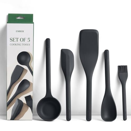 Image of Ember Cookware Silicone Kitchen Tool Set of 5 - Ladle, Brush, Flip, Stir & Scraper | Platinum Grade Food Safe | Heat Resistant Up to 230C | Seamless Unibody Design | Black