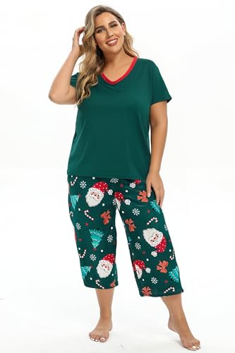 Image of Vozanet Women's Pajamas Set Soft V Neck Sleepwear Top and Capri Pj Lounge Sets Cartoon Heart Shape Cat Nighty Plus Size