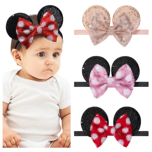 choicbaby 3 PCS Round Ears Hair Clips Sequin Bow Nylon Hairband with Polka Dot Cute Baby Ears Headbands Soft Hairbands Hair Accessories for Newborn Infant Toddler Party Supplies