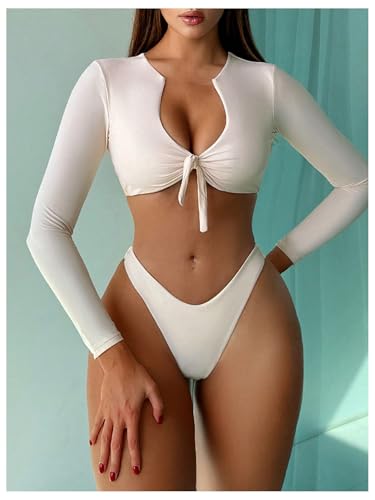 OYOANGLE Women's 2 Piece Long Sleeve Swimsuits Tie Front Crop Rash Guard Swimsuits Swimwear3