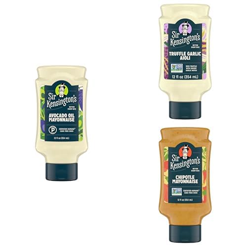 Bundle of Sir Kensington's Condiments: Avocado Oil Mayo, Truffle Garlic Aioli, Chipotle Mayo – Keto, Paleo Friendly, Non-GMO, Gluten Free, Humane Certified, Shelf-Stable, 12 oz