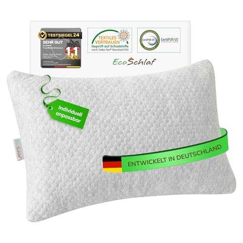 EcoSchlaf TravelBuddy Reisekissen kleines Nackenkissen für Flugzeug Camping Auto Bus Zug einstellbares Travel Pillow aus Memory Foam ergonomisches Kissen für Outdoor & Reise (Grau)