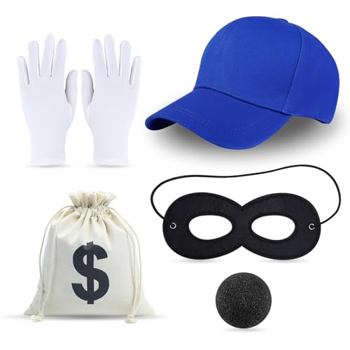 Stiedey 5pcs Robber Costume Set, Burglar Fancy Dress Kit Include Blue Hat Black Eye Mask Glove Money Bag Foam Nose for Adult Kids Halloween Cosplay World Book Day