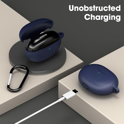 Image of Sounce Silicone Case Cover for Realme Buds Air 5 Pro, Portable Non-Slip Grip & Scratch-Resistant Protector with Carabiner Clip Full Protection Water Resistant, Shockproof Cover - Blue