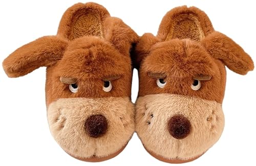 Animal Dog Slippers for Women Men Cute Soft Plush House Winter Shoes Non-Slip Outdoor Indoor (Brown Adult Women 8.5 Numeric Range US Footwear Size System 9 Medium)