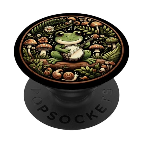 Cottagecore Frog With Banjo And Mushroom PopSockets Swappable PopGrip, Black
