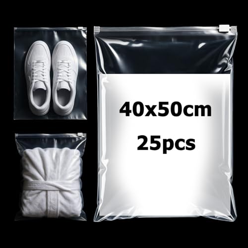 PDKKFF 25 Piezas Bolsas con Cremallera Grandes 40x50cm, Bolsas Transparentes con Cierre Hermético Reutilizables de Plástico para Ropa, Edredón, Zapatos,Almacenaje de Viaje