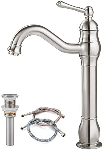 Brushed Nickel Bathroom Vessel Sink Faucet with Pop Up Drain Single Lever Handle 1 Hole Bowl Sink Mixer Tap Tall Spout Lavatory Vanity