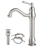 Brushed Nickel Bathroom Vessel Sink Faucet with Pop Up Drain Single Lever Handle 1 Hole Bowl Sink Mi