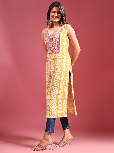 Image of EthnicJunction Women's Cotton Blend Straight Fit Straight Embroidered Batik Print Shoulder Straps Kurta | Navratri Special Kurta