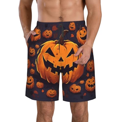 Halloween Pumpkin Men's Swim Trunks Quick Dry Board Shorts with Pockets Casual Drawstring Beach Shorts