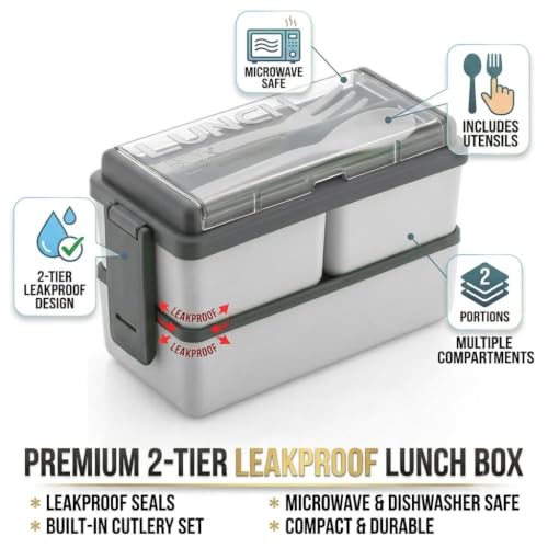 Image of Double Decker 3 Compartment Lunch Box for School & Office, Lunch Box with Cutlery and Lid,Microwave Safe Lunch Boxes | Grey - 1400 ML