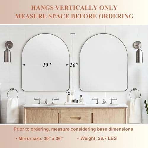 Image of ANDY STAR Arched Mirror, 30 x 36 Inch Polished Chrome Wall Mirror in Stainless Steel Metal Frame, Arch Top Rounded Corner 1 Inch Deep Set Design Wall Mount Hangs Vertical