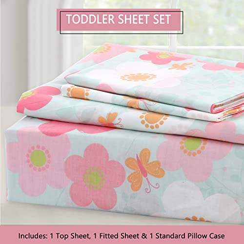 Image of Cozy Line Home Fashions 100 Cotton 3 Piece Toddler Sheet Set, Soft Breathable Crib Bedding Set for Girls Includes a Flat Sheet, a Fitted Sheet, a Pillowcase, Flower Rosa Flourish Butterfly Pink