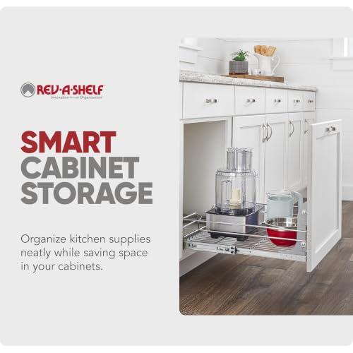 Image of Rev-A-Shelf Steel Wire Pullout Drawer Organizer Shelf for Kitchen Cabinets, Slide Out Storage Basket, Min Opening Width of 17.5 inch, 18 inch x 20 inch, 5WB1-1820CR-1