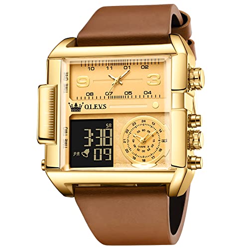 OLEVS Men's Sport Watch Brown Leather Large Face Digital & Analog Quartz Wrist Watch with LED Square Multi-Time Zone Waterproof Stopwatch