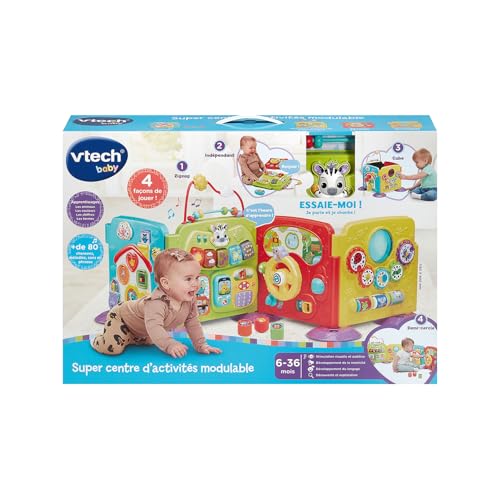 VTech - Super Centre d'Activités Modulable - Jouet Interactif 4 en 1, Motricité Bébé - Cube d'Activité Évolutif avec Trieur de Formes et Jeux d'Éveil - Cadeau Bébé Dès 6 Mois - Contenu en Français