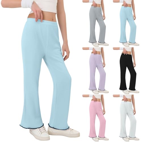 Girls Wide Leg Flare Pants Elastic Waist Yoga Bell Bottom Sweatpants Kids Soft Solid Trendy Trousers with Pockets