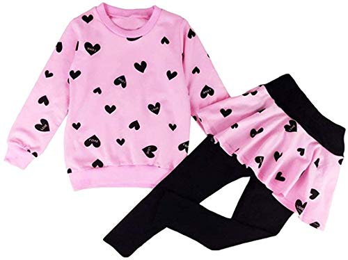 Product Image of the CM-Kid Toddler Girl Clothes Size 8T Girls Winter Spring Outfits, Long Sleeve Heart Print Sweatshirt Top + Skirt Leggings Pants 2Pcs Clothing Set Christmas Gifts
