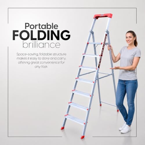 Image of EMAC Prime Aluminium 7 Step Ladder | 240 Kg Heavy-Duty Load Capacity | Extra-Wide 3.2 Inch Anti-Slip Steps | Foldable & Lightweight | for Home & Office Use with Platform and Tools Tray