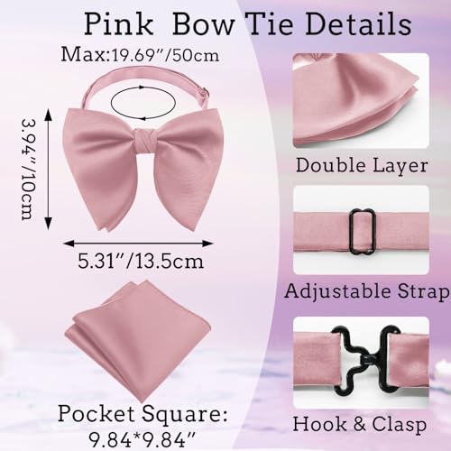 Image of Oversized Bow Ties for Men, Pre-Tied Bow Tie and Handkerchief with Pocket Square Holder Set for Wedding Party Daily