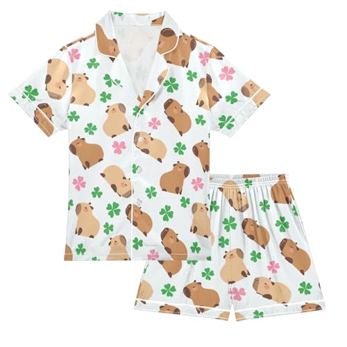 Capybara with Lucky Clover Summer Satin Pajama Set, Cute Button-Down Sleepwear Pj Set for Sleep Wears