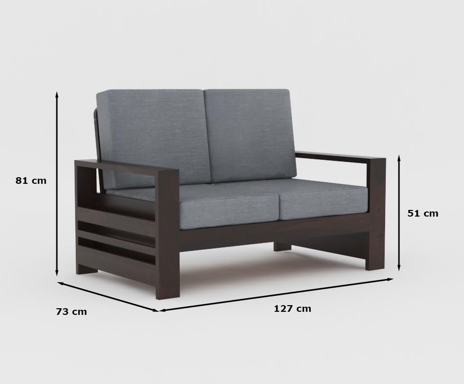 Image of Sheesham Wooden 2 Seater Sofa for Living Room | Rosewood 2 Seater Cushion Sofa with Side Rack| Solid Wood Sofa Set for Lounge (2 Seater,Walnut Finish)