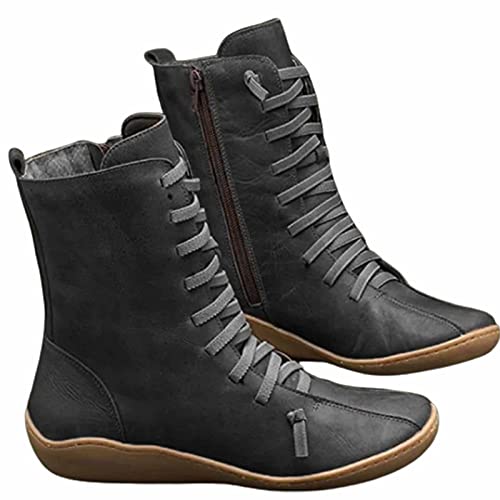 Bottines de Soutien de la voûte Plantaire pour Femmes, Bottines Courtes à la Mode à Talon Plat et à Lacets, à Lacets, Bottes de Marche imperméables,Noir,41 Cover