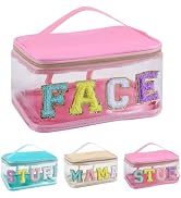FOVIUPET Chenille Glitter Letter Patch Clear Cosmetic Bag - Travel Preppy Makeup Bag with Handle ...