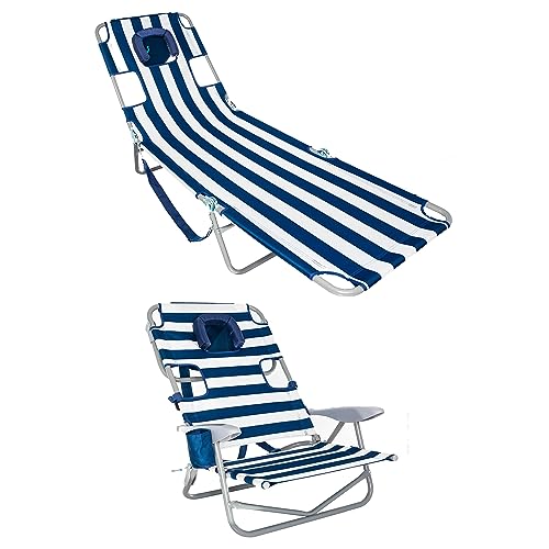 Ostrich Chaise Folding Steel Frame Beach Lounger w/4 Positions & Portable On-Your-Back Reclining Outdoor Camping Lawn Chair w/5 Positions, Striped