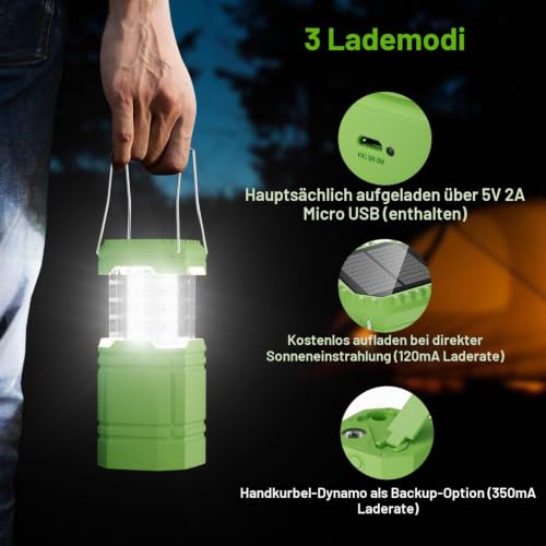 LED Campinglampe Solar, Wasserdicht LED Camping Laterne, Notfallleuchte mit Handkurbel, Eingebaute 3000mAh Akku für Wandern, Angeln, SOS… – Ansicht 4