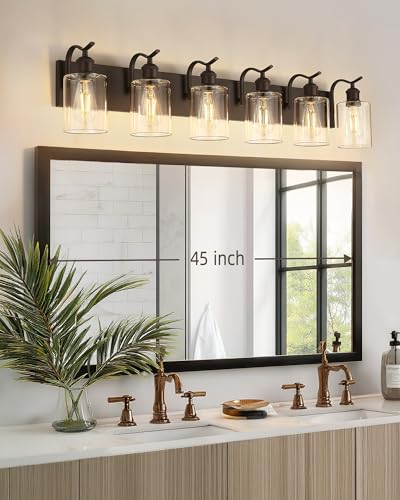 Image of Bathroom Vanity Light Fixtures 6-Light Clear Glass Modern Wall Mounted Over Mirror Oil Rubbed Bronze - VL01ORB-6