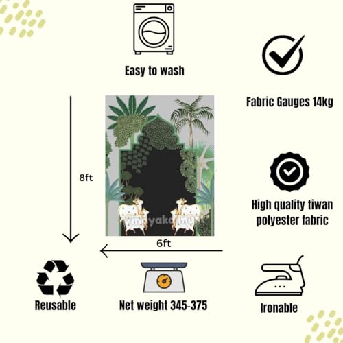 Image of pichwai Backdrop Cloth for Decoration | pichwai Cow Art Backdrop | varlaxmi puja Decorations Cloth | Traditional Backdrop Decoration 4 Cows and Palm Trees (8 6 feet) Black Colour