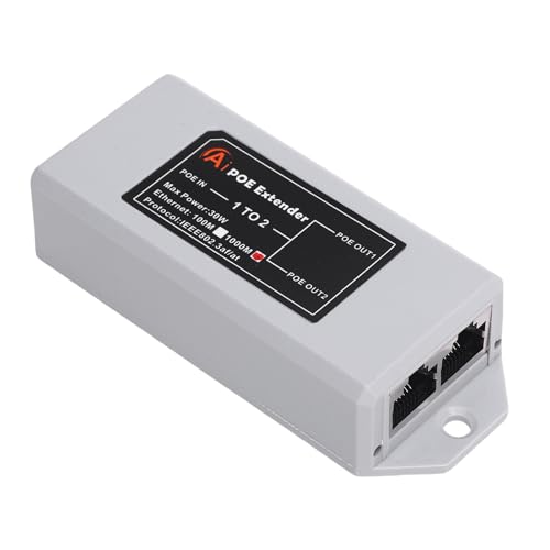 Extensor PoE Gigabit de 2 Puertos, repetidor PoE interior 1 entrada 2 salidas compatible con IEEE 802.3af con velocidad 1000Mbps, transferencia a larga distancia, montaje en pared, plug and play, ahorro de espacio para hogar y hotel