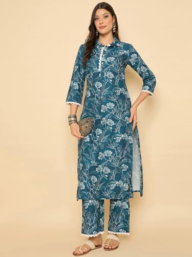 Image of SheWill Women Cotton Blend Floral Printed Straight Kurta with Mandarin Collar, Button Detailing, and 3 /4th Sleeves Paired with Matching Printed Pants