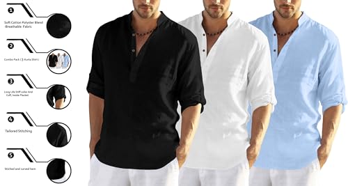 Image of Zombom Combo of Men's Solid Cotton Polyester Blend Full Sleeve Mandarin /Chinese Collor Straight Kurta Shirt (Pack of 3)