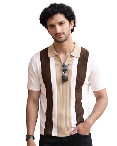 Image of AUSK Men's Zip Collar Polo Tshirt | Cotton Rich Material | Half Sleeves | Modern Knit Panel Work | Regular Fit