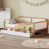 LostCat Twin Size Daybed with 2 Storage Drawers, Solid Wood Day Bed for Kids, Teens, Adults, No Need Box Spring, Wood Slat Support, Walnut and White
