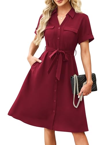 Amoretu Hemdkleid Damen Kurzarm Chiffon Sommer Knielang Kleid mit Taschen (Weinrot S)
