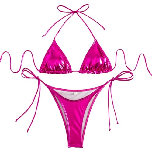 Shffuw Bikinis Mujer 2024 con Traje De BañO Women's Sparkly Hot Gold Bikini Solid Color Swimsuit Set Sin Tirantes Talla Grande Biquinis (Hot Pink, M)