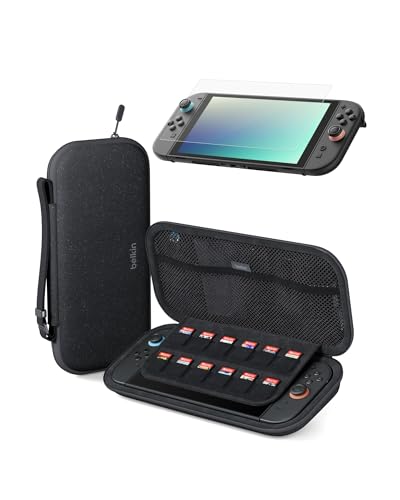 Image of Belkin Gaming Travel Bag Carrying Case (Charcoal) w /Hard Shell + Anti-Reflective TemperedGlass Screen Protector Bundle for Nintendo Switch 2 - Travel Essentials w /AirTag Holder, Game Storage, & More