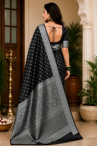 Image of Women's Glory Banarasi Satin Silk Saree with Rich Gold Silver Zari Floral Embroidery | Kanjivaram Style | Traditional Wedding & Festive sadi with Contrast Border