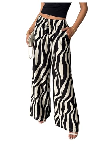 GORGLITTER Women's Animal Printed Wide Leg Pants Dressy Summer Casual Boho Beach Low Waist Stripe Linen Pants