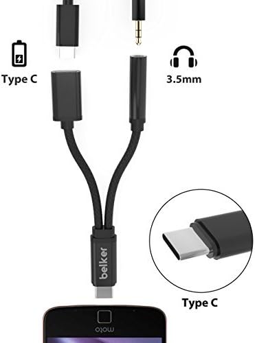 2 in 1 USB C to 3.5mm Headphone Jack Adapter，Belker Nylon Braided 2 in 1 Type C to 3.5mm Audio Charge Cable for Moto Z,Samsung S8/N8,Nexus,etc.NOT Support Pixel 2/2XL (Black)