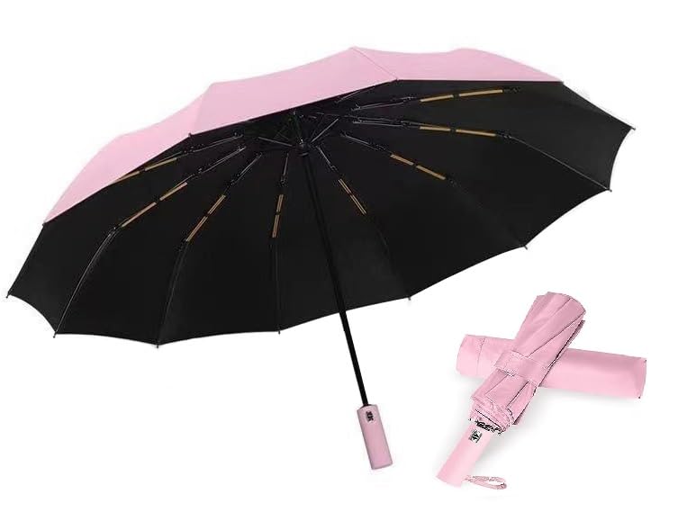 12 Ribs Large Travel Automatic Umbrella Windproof for Rain & Sun, Strong Compact Umbrella for Men & Women, Wind Resistant, Lightweight,Portable Folding Umbrellas for Backpack, Car (Pink)-image-21